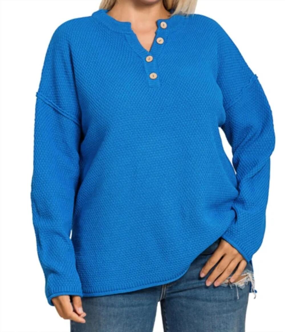 NEW ZENANA henley basic sweater in ocean blue